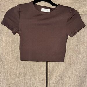 Aritzia Babaton Dark Brown 2XS Short Sleeve Crop Top